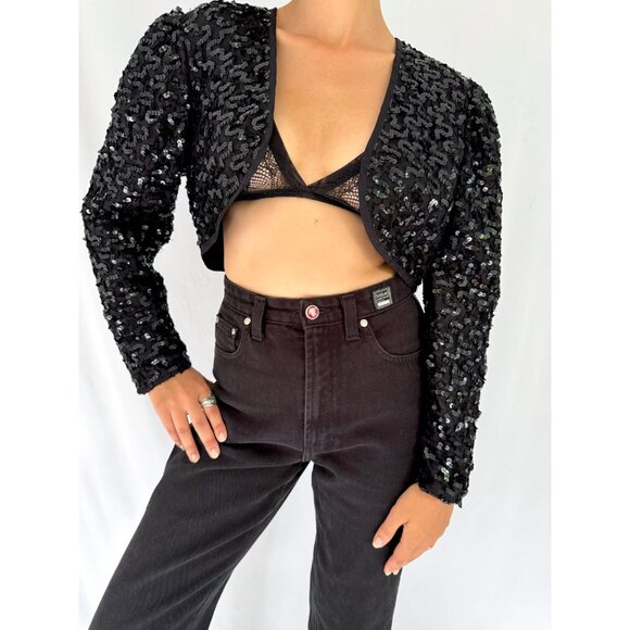 80s vintage black sequin lace embellished glam party cropped bolero jacket shrug - Picture 2 of 8
